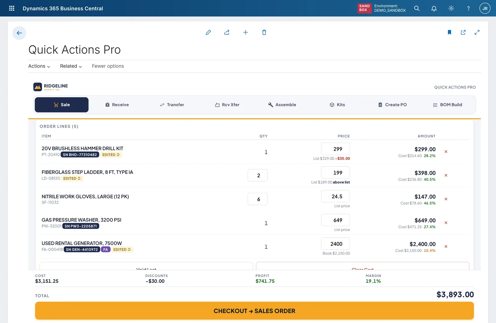 Counter sale screen inside Business Central: five order lines with serial number chips, editable prices showing list price and discount, cost and margin per line, order totals for cost, discounts, profit and margin, and a Checkout to sales order button.