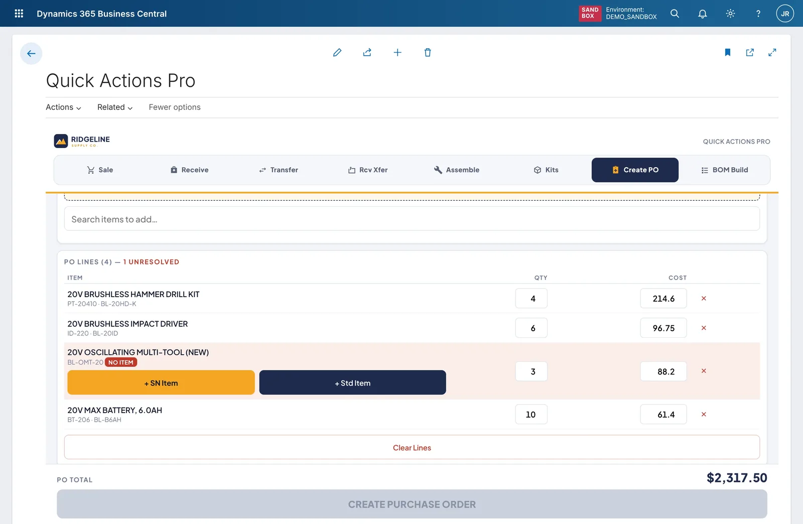Create PO tab, close up: a purchase order line for an item that does not exist yet, flagged No item, with buttons to create it as a serialized or standard item.