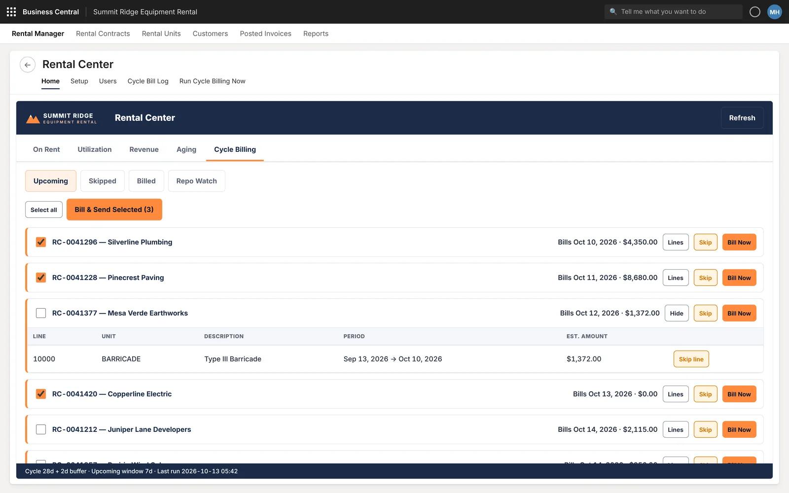 Cycle billing, close up: each upcoming contract with its bill date and amount, and Lines, Skip and Bill now buttons.