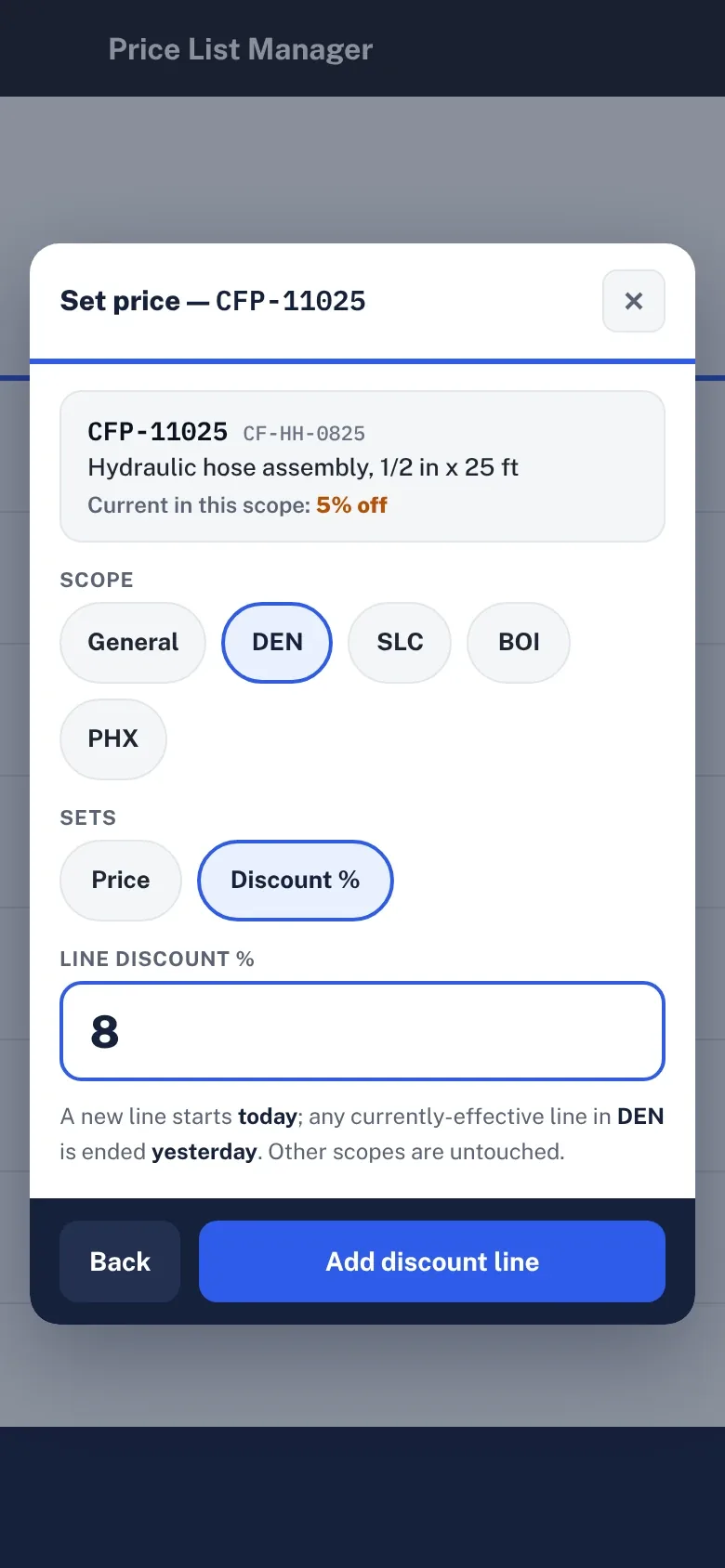 Set price sheet on a phone: choose the scope, general or one branch, choose price or discount percent, enter the value and add the discount line.