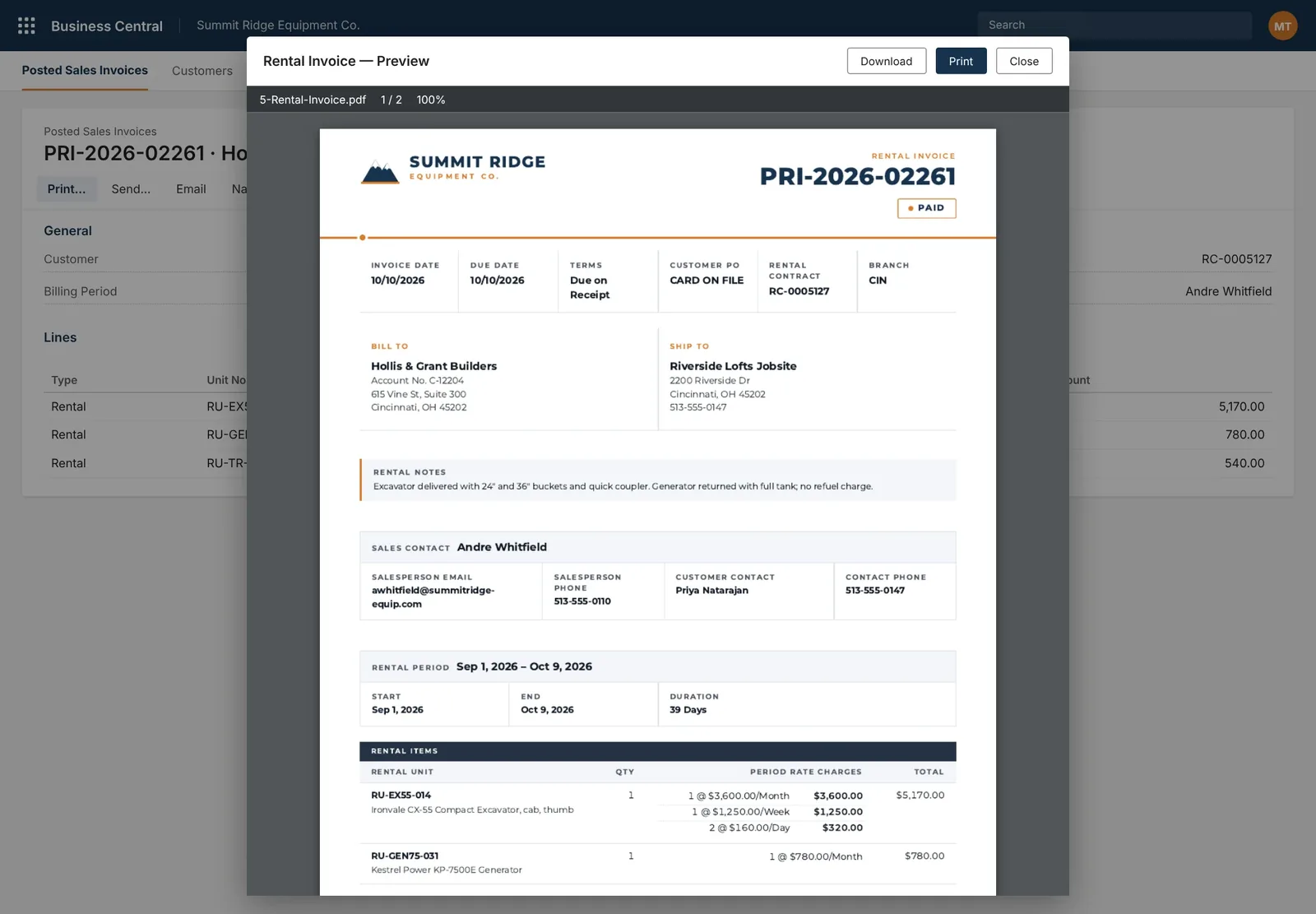 Rental invoice preview, close up: the rental period with start, end and duration, and each unit charged by month, week and day rates.