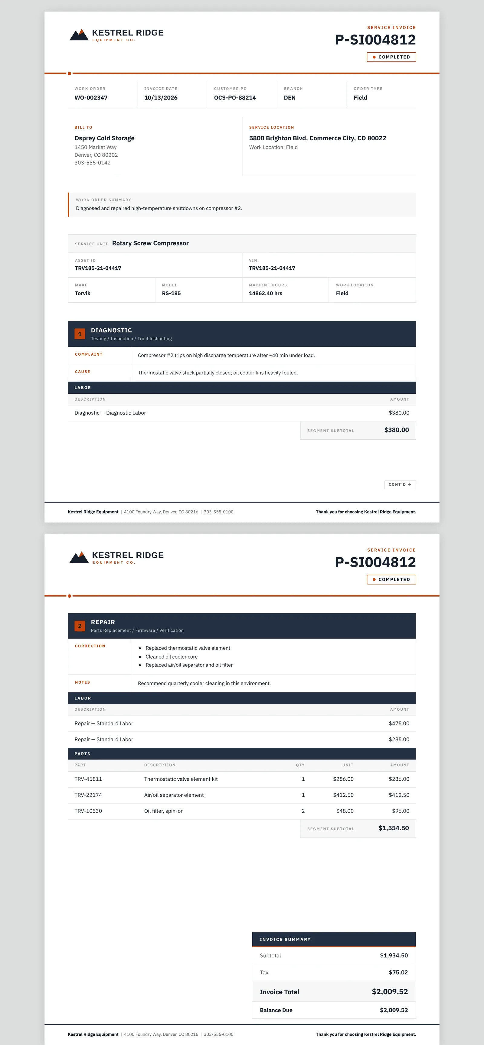 Service invoice, close up: a diagnostic segment with the complaint, the cause and the labor charged for it.