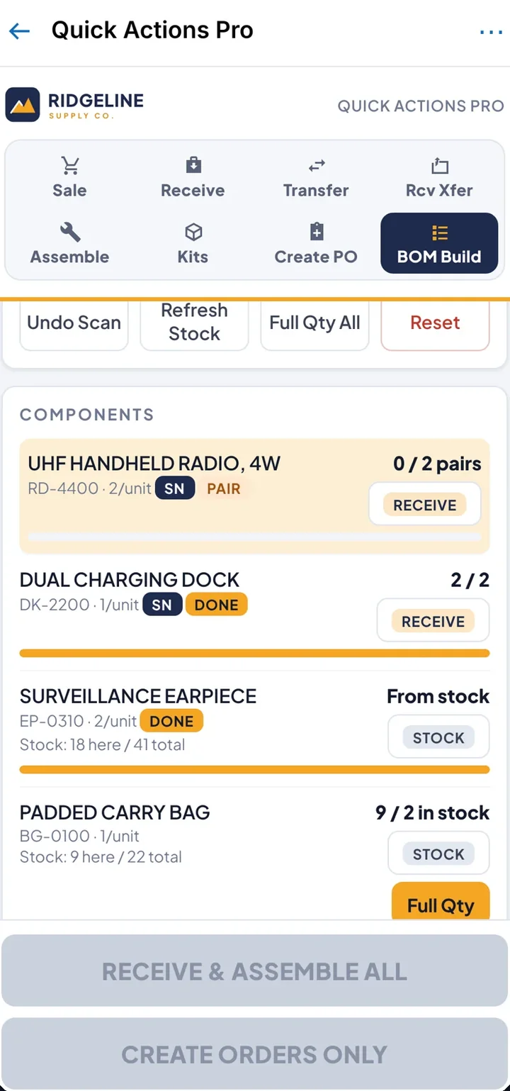 BOM build tab on a phone: each component marked receive or from stock, with one button to receive and assemble.