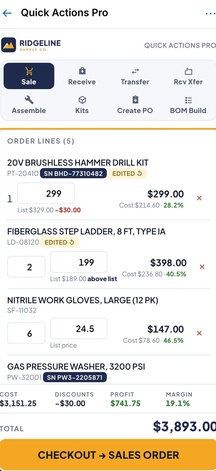 Sale tab on a phone: order lines with quantity, price and margin, order totals and a full-width Checkout to sales order button.