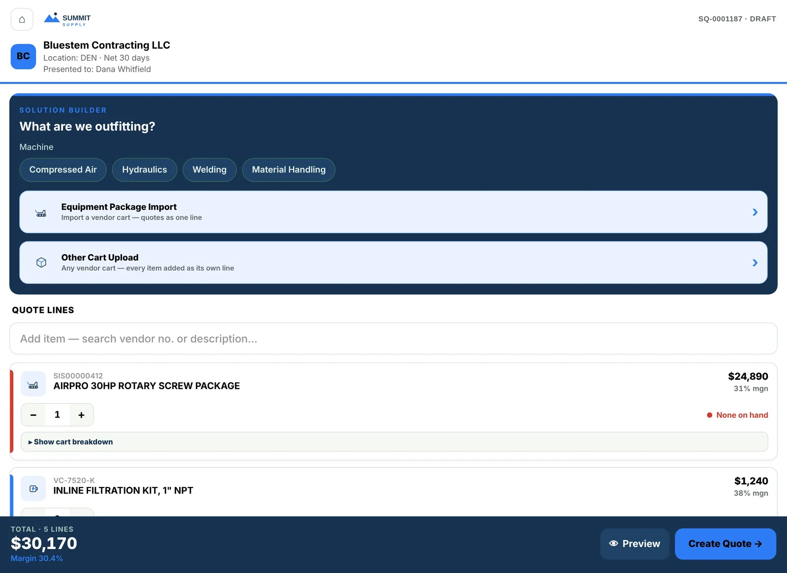 Solution builder: pick the machine type, import a vendor equipment package as one quote line, and quote lines with price, margin and stock, totalled with overall margin.