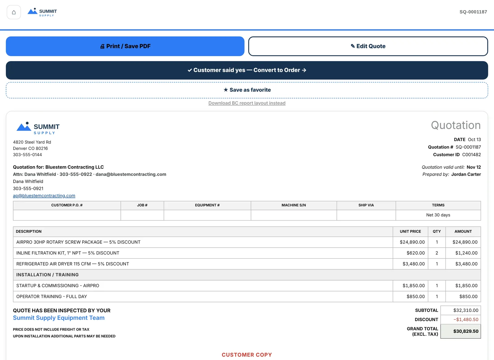 Quote view, close up: Print or save PDF, Edit quote, and a Customer said yes, convert to order button above the customer-ready quotation.