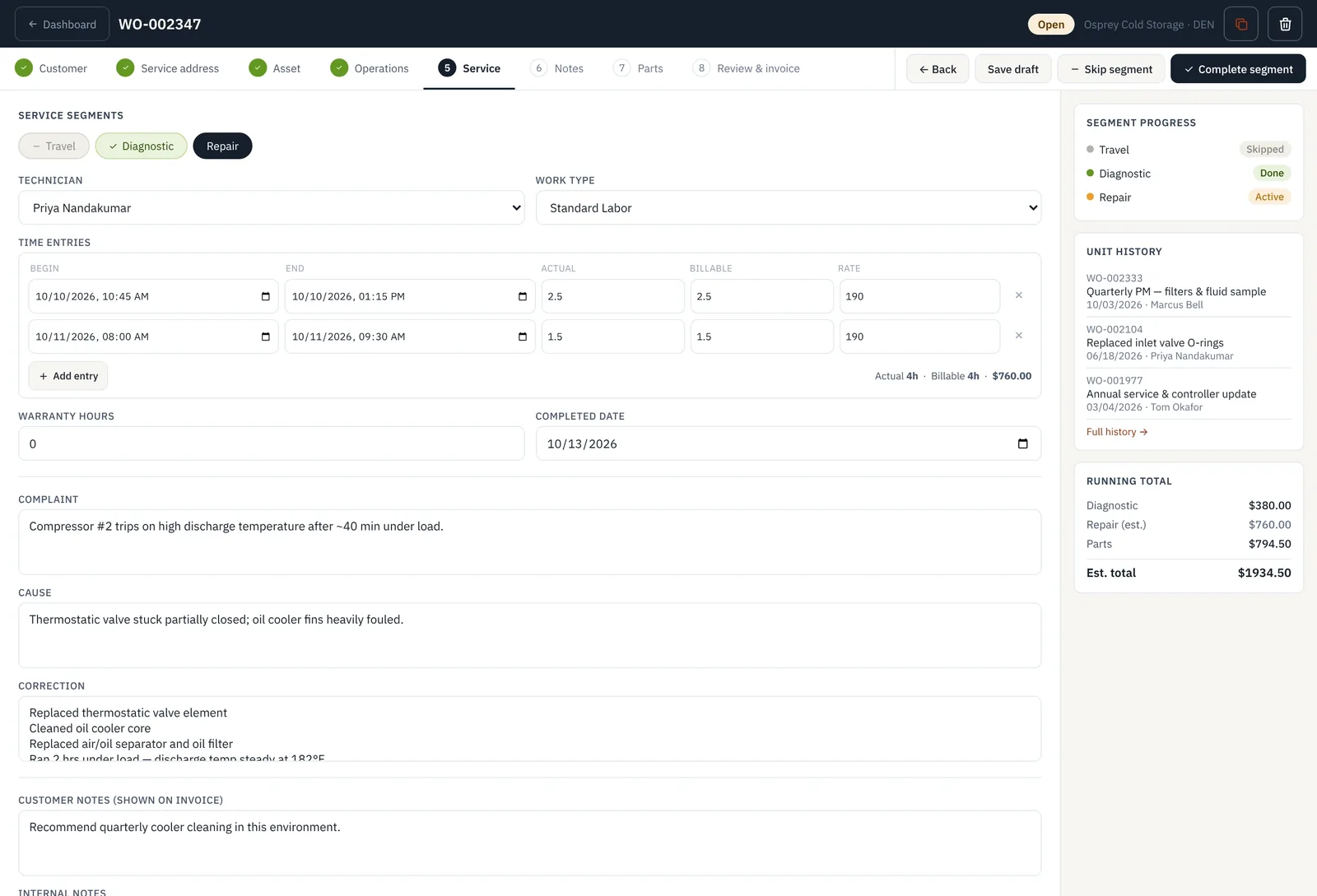 Work order workspace, close up: steps from customer to review and invoice, service segments, the technician and time entries with billable hours.